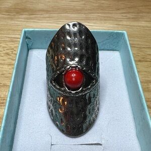 Hammered Silver Ring with Red Accent